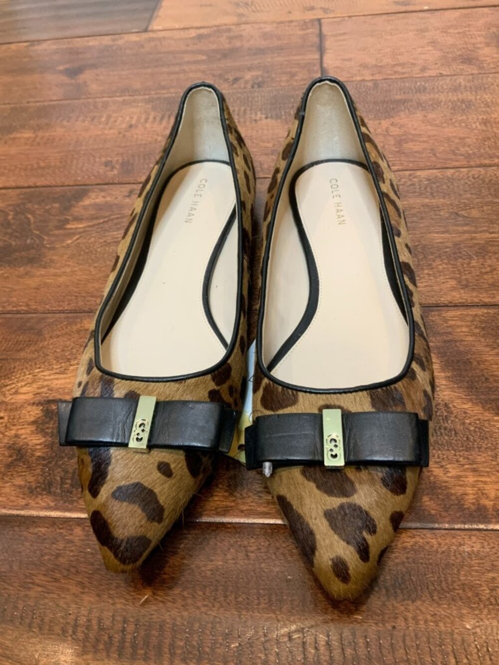 Cole Haan Brown Leopard Print Dyed Calf Hair Pointed Toe Flats W/ Bow, Size 8.5